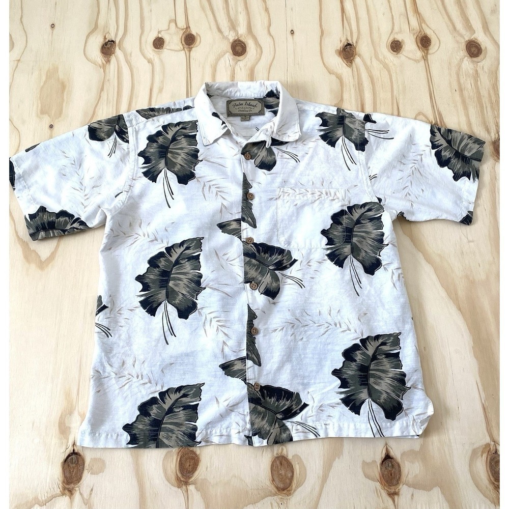 Island Mens M Tropical Leaf HawaiianShirt White Green Coastal Cabana Summer